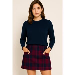 LOFT Plaid Wool Blend Mini Skirt Pink Navy Check Holiday Skirt Size 10